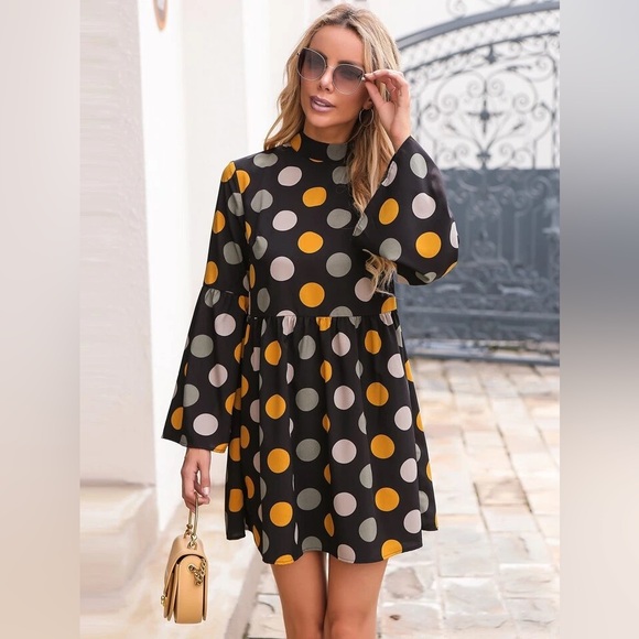 SHEIN LUNE Polka Dot Mock Neck Bell Sleeve Smock Dress size XL - Picture 3 of 9